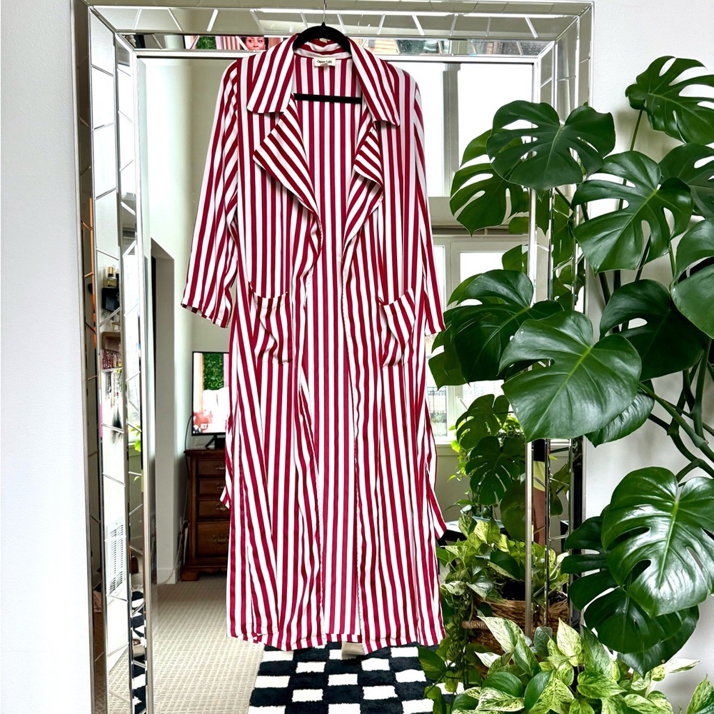 Open Edit | Red/White Striped Satin-Effect Duster - Picture 4 of 7